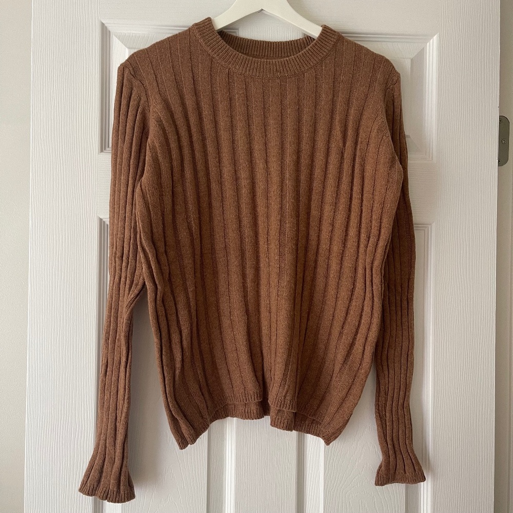 Cotton Wool Blend Beige Crewneck Knit Sweater